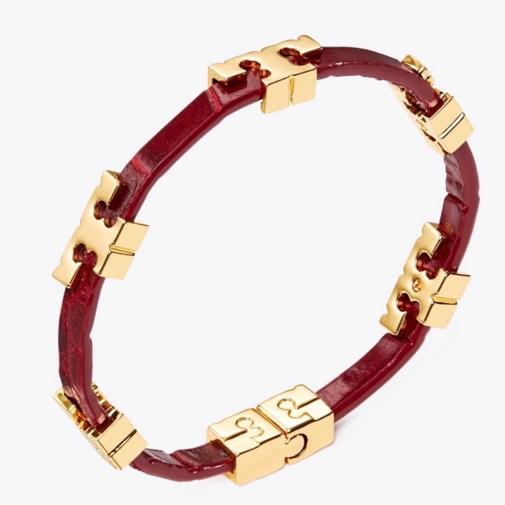 Tory Burch Red Leather Bracelet with Gold Logo Accents - Picture 2 of 5